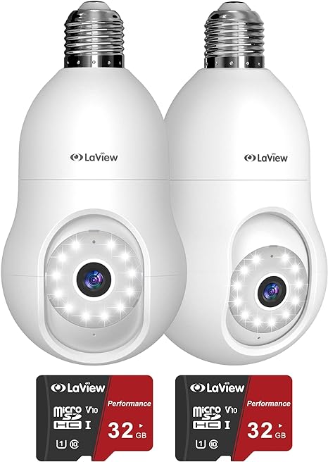 LaView 4MP Bulb Security Camera 2.4GHz with 32G SD Card(2-Pack),360° Security Cameras Wireless Outdoor Indoor Full Color Day and Night, Motion Detection, Alarm Siren, Easy Installatio