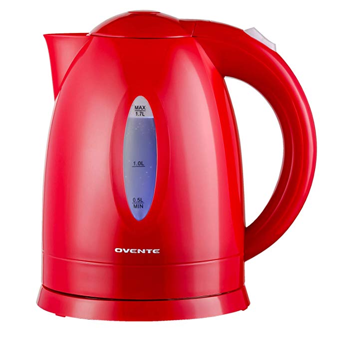 Ovente 1.7L Electric Kettle, Fast-Heating BPA-Free Cordless Water Boiler, Auto Shut-Off, Boil-Dry Protection, LED Light Indicator, Red (KP72R)