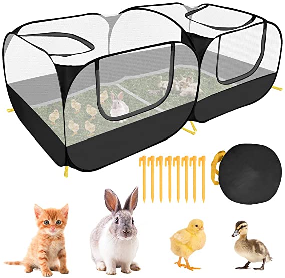 AUTOWT Small Animals Playpen, Portable Large Chicken Run Coop with Breathable Transparent Mesh Walls Foldable No Bottom Pet Cage Tent with 4 Zipper Doors for Puppy Kitten Rabbits Outdoor Yard