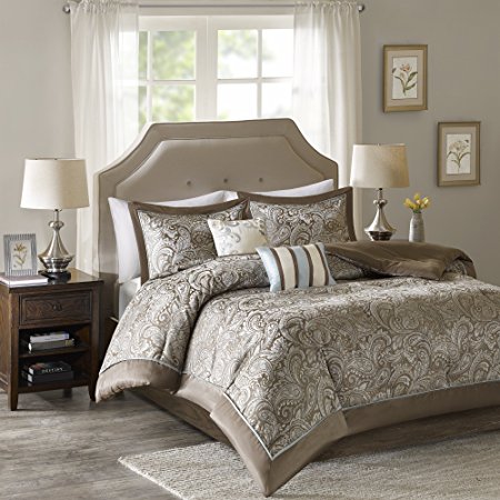 Comfort Spaces -Charlize Comforter Set - 5-Piece - Soft Blue and Taupe - Jacquard weave - Full / Queen Size