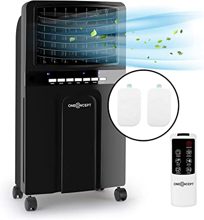 OneConcept Rafraichisseur d'air mobile 3 en 1, Ventilateur à eau, Refroidisseur, Humidificateur, Rafraîchisseur d'air mobile silencieux efficace jusqu'à 360m³/h, 3 Vitesses, Faible conso 65W (Noir)