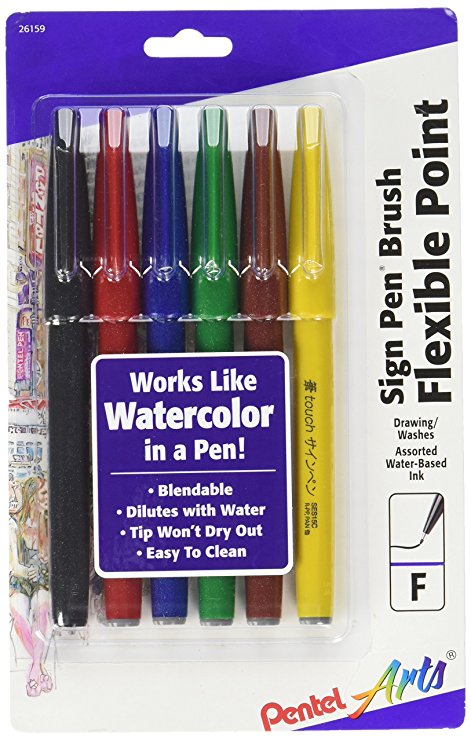 Pentel Arts Sign Pen Touch, Fude Brush Tip, Assorted Colors, Pack of 6 (SES15CBP6M)