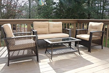 Oliver Smith - Large 4 Pc High Back Rattan Wiker Sofa Set Outdoor Patio Furniture - Aluminum Frame with Ottoman - 9518 Beige