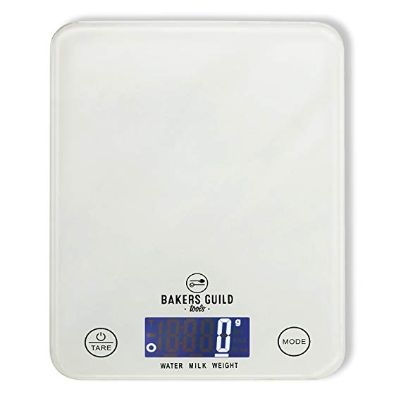 Digital Kitchen Food Scale (White), Fluid Ounces for Milk and Water, Weight in Grams, Ounces and Pounds (Batteries Included) – By Bakers Guild Tools
