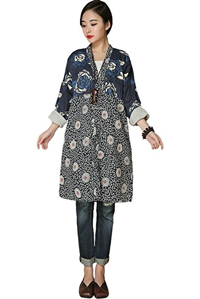 Mordenmiss Women's Spring New Cotton Linen Outfit Floral Print Shirt With Pockets