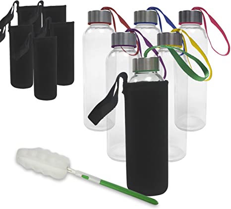 Chef's Star Glass Water Bottles - 6 Pack of Glass Bottles with Caps - 18 oz Juice Bottles- Protection Sleeve Included - Featuring Stainless Steel Leak-Proof Lids with Carrying Strap and Cleaning Brush