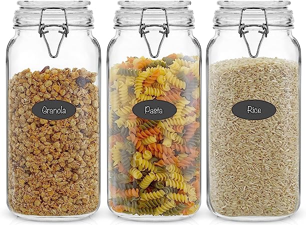 Airtight Glass Jars with Lids Set of 3. 78oz Glass Jar with Lid and 6 Silicone Seals! Large Glass Food Storage Containers. Square Mason Jar, Candy Jar, Flour Jar, Pasta Containers for Pantry