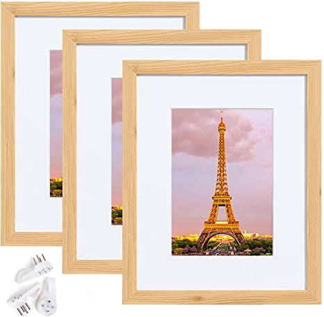 upsimples 8x10 Picture Frame Set of 3,Made of High Definition Glass for 5x7 with Mat or 8x10 Without Mat,Wall Mounting Photo Frame Natural