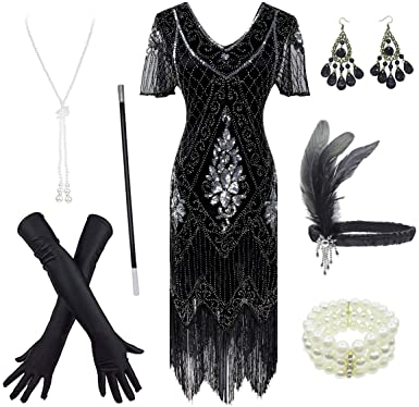 Women's 1920s Gatsby Inspired Sequin Beads Long Fringe Flapper Dress w/Accessories Set