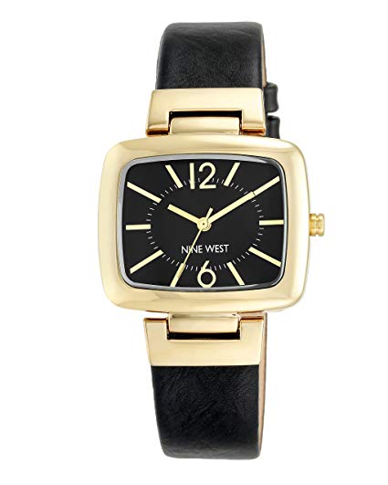 Nine West Black Strap Watch with Goldtone Modern Shaped TV Case