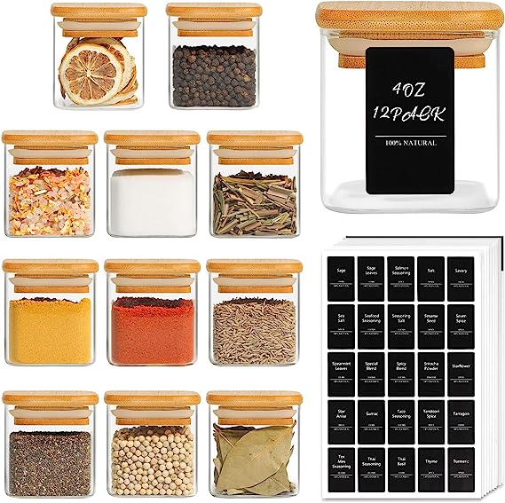 ComSaf 12 Pcs Glass Spice Jars with Bamboo Lids, 4oz/120ml Square Glass Storage Jars with 275 Black Lables, Airtight Spice Jars with Lids , Glass Container for Spice, Salt, Sugar, Seeds, Nuts etc