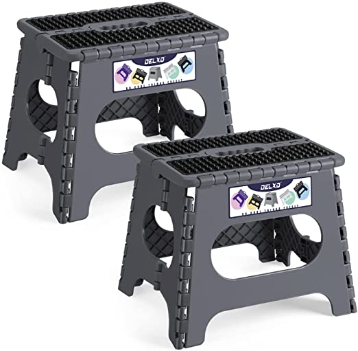 Delxo 11" Folding Step Stool for Kids and Adults,2Packs Non-Slip Foldable Step Stools with Handle,Plastic Portable Folding Stool for Bathroom,Bedroom,Kitchen,Hold up to 300lbs Grey