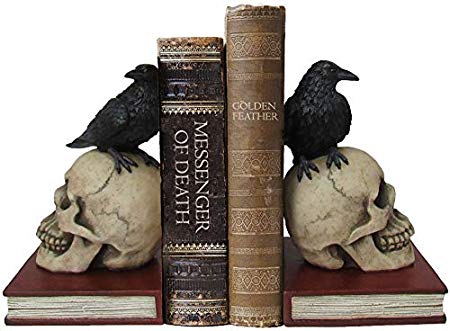 DWK 8.5" Murder & Mystery Raven on Skull Bookends Gothic Crow Reading Bookshelf Library Decor