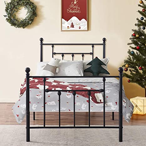 VECELO Twin Size Bed Frame Metal Platform Mattress Foundation with Headboard Footboard,Victorian Vintage Style,Easy Assemble,Black