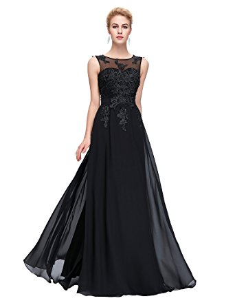 GRACE KARIN Chiffon V Back Evening Dresses Prom Gown With Beads Appliques