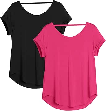 icyzone Open Back Yoga Shirts for Women - Exercise Workout Tops, Athletic Short Sleeves, Running T-Shirts Loose Fit