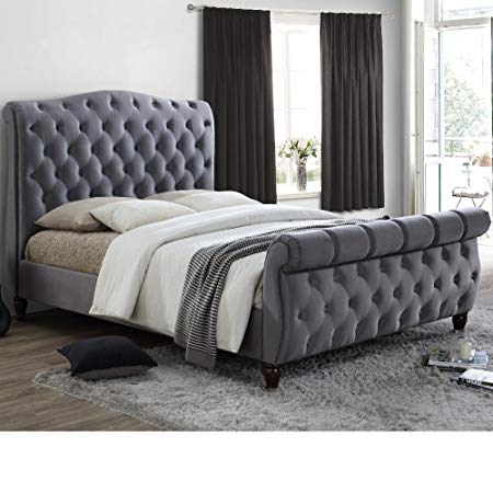 Grey Velvet Fabric Sleigh Bed, Happy Beds Colorado Grey Fabric Modern Bed Frame - 6ft Super King (180 x 200 cm) with Pocket Sprung Mattress Included