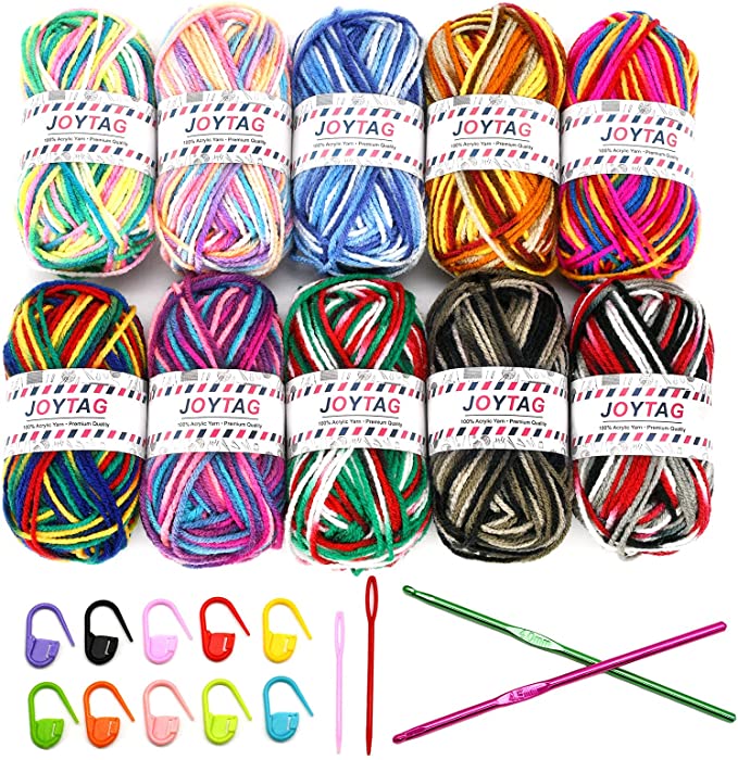 JOYTAG 10 Acrylic Yarn Skeins,Multicolor Crochet Craft Yarn for Crocheting and Knitting,with Crochet Hooks Knitting Needles Stitch Markers,Crochet Yarn Starter Kit for Beginners(650 Yard/250g)