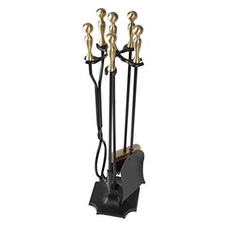 5 Pieces Fireplace Tools Sets Brass Handles Wrought Iron Fire Place Tool Set and Holder Outdoor Fireset Fire Pit Stand Rustic Tongs Shovel Antique Brush Chimney Poker Wood Stove Hearth Accessories Kit