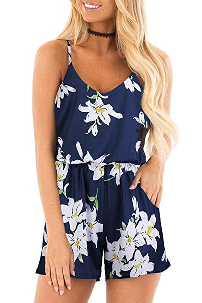wonnmey Womens Summer Casual Loose Spaghetti Strap Short Jumpsuit Rompers