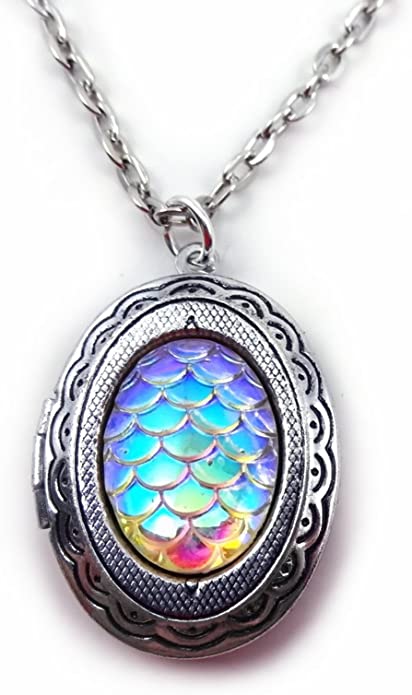 Little Gem Girl Small Oval Silver Toned Dragon Egg Scale Locket Necklace - Mermaid Pendant 18in Chain
