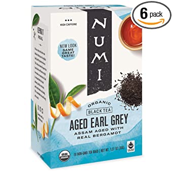 Numi Organic Tea Aged Earl Grey, 18 Count Box of Tea Bags (Pack of 6), Black Tea (Packaging May Vary)