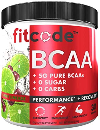 Fitcode Ultra Premium BCAA’s with 5G of Pure BCAAs with Proven 2:1:1 Ratio of Amino Acids to Help Post Workout Recovery, Lean Muscle Growth, Endurance 30 Serving Cherry Limeade