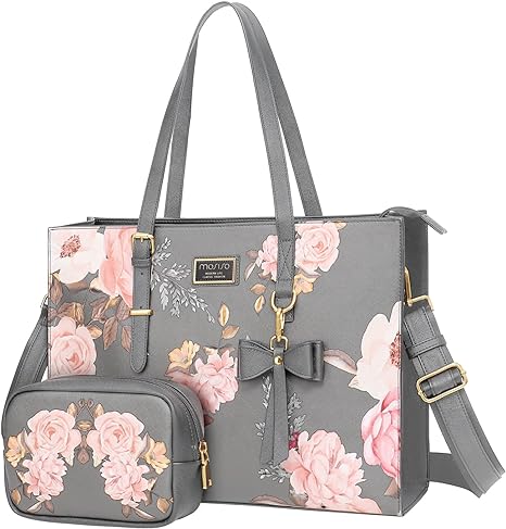 MOSISO Laptop Tote Bag Compatible with MacBook Air 15 inch M2 A2941/Pro 16 inch M3 M2 M1, 15-15.6 inch Notebook, Peony PU Leather Travel Work Briefcase with Detachable Bowknot & Small Purse, Grey