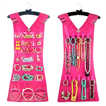 Hanging Jewelry Organizer, Closet Storage with Satin Hanger, 2 Sided for Jewelry, Hair Accessories & Makeup (1-Pink Dress & Black Satin Hanger, 24 Pockets 17 Hooks)