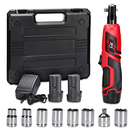 ZFE 3/8 Inch Cordless Electric Ratchet Wrench, 12V Power Ratchet Wrenches Set with 2pcs 2000mAh Lithium-Ion Battery and 1pc Fast Charger, 7pcs Metric Socket and 1pc 1/4 Inch Socket Adapter