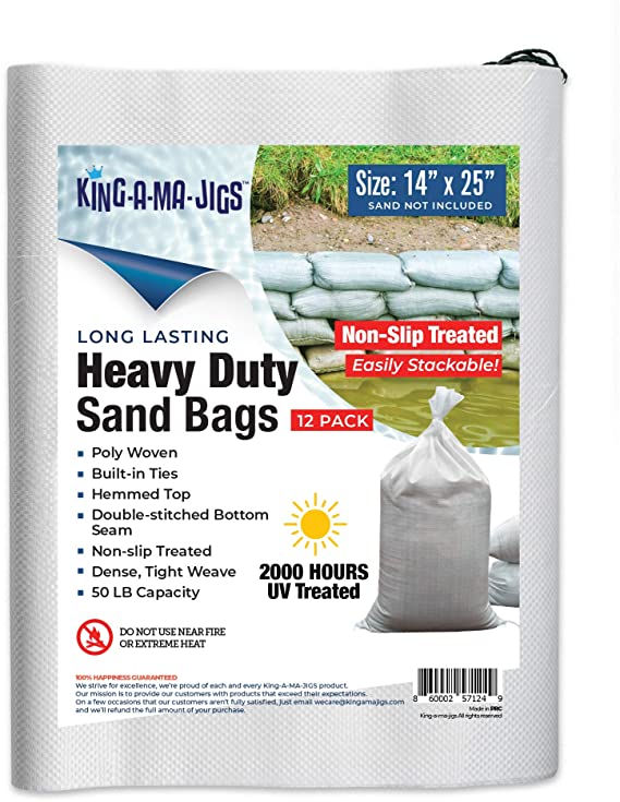 Sandbags (12 Pack) Long Lasting, Heavy Duty Sandbags with Ties (14" x 25") Non-Slip Treated - UV Treated - Empty Military Sand Bags - for Flooding and Weights for Canopy, Tent, Umbrella Stand