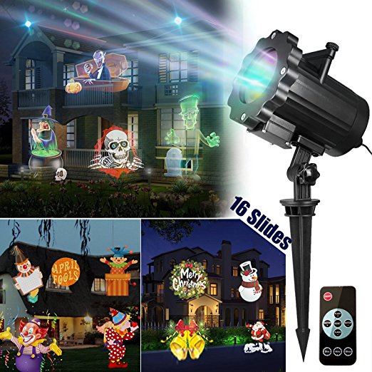 LED Light Projector Outdoor Night Light - Coolmade Upgarded Version Bright Led Landscape Spotlight with 16 Slides Dynamic Lighting Landscape Show for Halloween, Party, Holiday Decoration