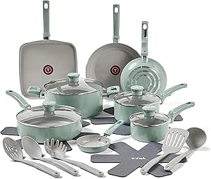 T-fal Refresh Ceramic, Ceramic Non Stick Cookware Set 20 Piece, Oven Broiler Safe 350F, Kitchen Set w/Egg Pan, Fry Pans, Saucepans, Griddle, Sautepan, Dutch Oven & Utensils, Pots, Pans, Mint Green