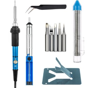 [Full Set] Vastar 60w 110v Soldering Iron Kit - Adjustable Temperature, 5pcs Different Tips, Desoldering Pump, Stand, anti-static Tweezers and Additional Solder Tube for Variously Repaired Usage