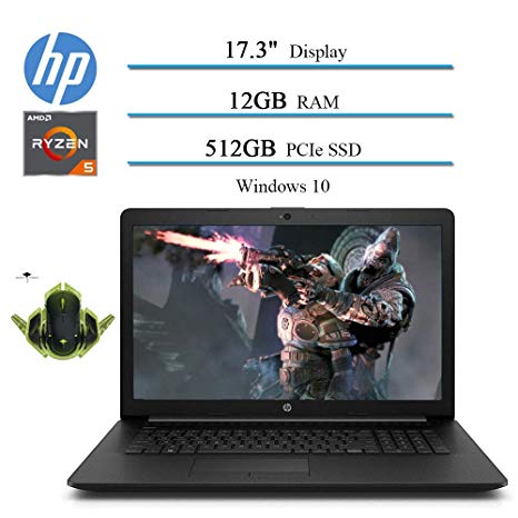 Newest HP 17.3" HD  Premium Laptop, AMD Ryzen 5 3500U 4-Core (Up to 3.7GHz, Better Than i3), 12GB RAM, 512GB PCIe SSD, AMD Radeon Vega 8, Win 10 w/ Ghost Manta Gaming Mouse