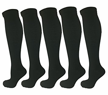5 Pairs Black Large/X-Large Ladies Compression Socks, Moderate/Medium Compression 15-20 mmHg. Therapeutic, Occupational, Travel and Flight Knee-High Socks. Women's Shoes Sizes 10-14, Men's Sizes 9-13
