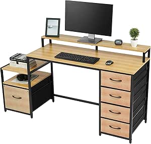 TOPSKY Compact Computer Desk with Storage Shelf/Cloth File Drawer for Letter Size/Monitor Stand Study Table for Home Office (Bamboo, 61.6 inch)