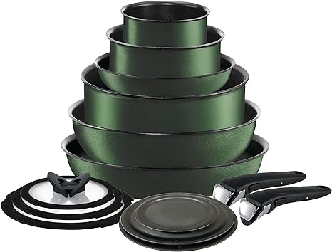 T-fal Ingenio Nonstick Cookware Set 14 Piece Induction Oven Broiler Safe 500F Cookware, Pots and Pans, Oven, Broil, Dishwasher Safe, Forest Green