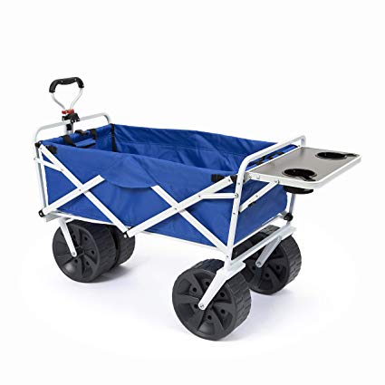 Mac Sports Heavy Duty Collapsible Folding All Terrain Utility Beach Wagon Cart with Side Table, Blue/White