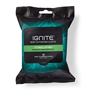 Ignite Mens Body Wipes, Shower Wipes with Bold Stimulating Scent, 10 Wipes, Great for After Gym Wipes, Camping Wipes, Travel Wipes, Extra Thick 8 X 8" Wipes