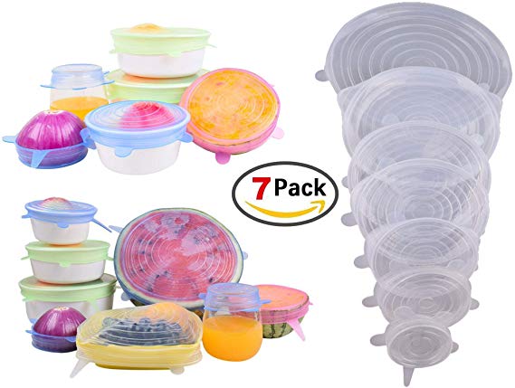Silicone Stretch Lids - 7 Pack of Silicone Lids, Stretch Lids w/EXCLUSIVE XXL SIZE (fits 9X13 Cake Pans) Eco-Friendly-Reusable- Stretch Lids Expand to Fit Container Sizes/Shapes - Stretch N Seal Lids