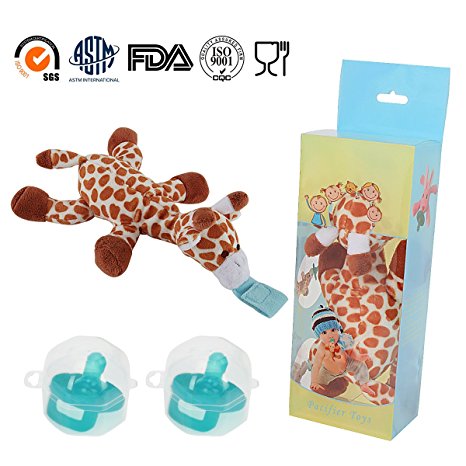 2-Pack Safe infant Pacifiers, STAR-FLY Lovely No Toxicity Removable infant Pacifiers Holder with Plush Animal Toy Baby Orthodontic Nipples (Gifaffe)