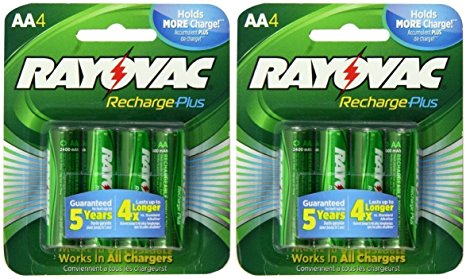 8 Rayovac AA Recharge PLUS High-Capacity Rechargeable 2400 mAh NiMH Pre-Charged Batteries, (2 x 4 packs)   Holders