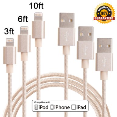 Sunnest 3Pack 3FT 6FT 10FT 3IN1 Tangle Free Nylon Braided 8 Pin Lightning Cable USB Charging Cord with Aluminum Connector for iPhone 66s6 plus6s plus 5c5s5 iPad AirMiniiPod NanoTouchGolden