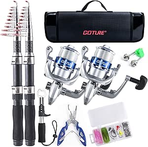 Goture Fishing Rod and Reel Combos-2PCS Telescopic Fishing Pole 2PCS Pre-Loaded Spinning Reels with Carrier Bag,Telescopic Fishing Rod Fishing Kit for Starter Travel Saltwater Freshwater Fishing Gear