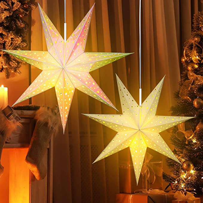 2 Pieces Paper Star Lantern Decoration 7 Pointed Star Paper Lantern Laser Pink and White Paper Lantern Ceiling Lampshade Hanging Ornament for Valentine's Day Weddings Birthday Party Supplies 19.7 Inch