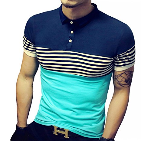 LOGEEYAR Mens Summer Slim Fit Contrast Color Stitching Stripe Short Sleeve Polo Casual T-Shirts