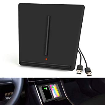 Tesla Model 3 Wireless Charger, EEIEER Dual Phone Qi Wireless Charging Pad Center Console Interior Accessories with USB Splitter Cable for Tesla M3 Upgraded Version -Matte Black Charging Mat