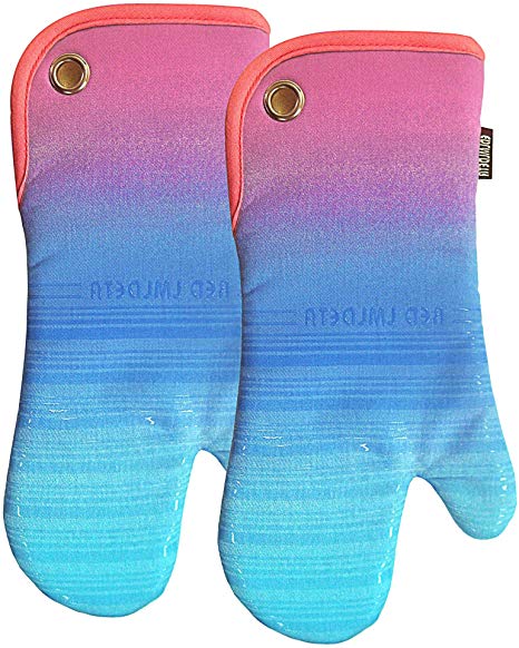 RED LMLDETA Transparent Stripe Silicone Oven Mitts/Gloves 1 Pair, Heat Resistant to 500 Degree, Non-Slip for Home Kitchen Cooking Barbecue Microwave for Women/Men Machine Washable BBQ (Gradual Purple)
