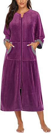 Ekouaer Robe for Women Velour Zipper Robe 3/4 Sleeves Housecoat Full Length Loungewear Long Bathrobe with Pockets